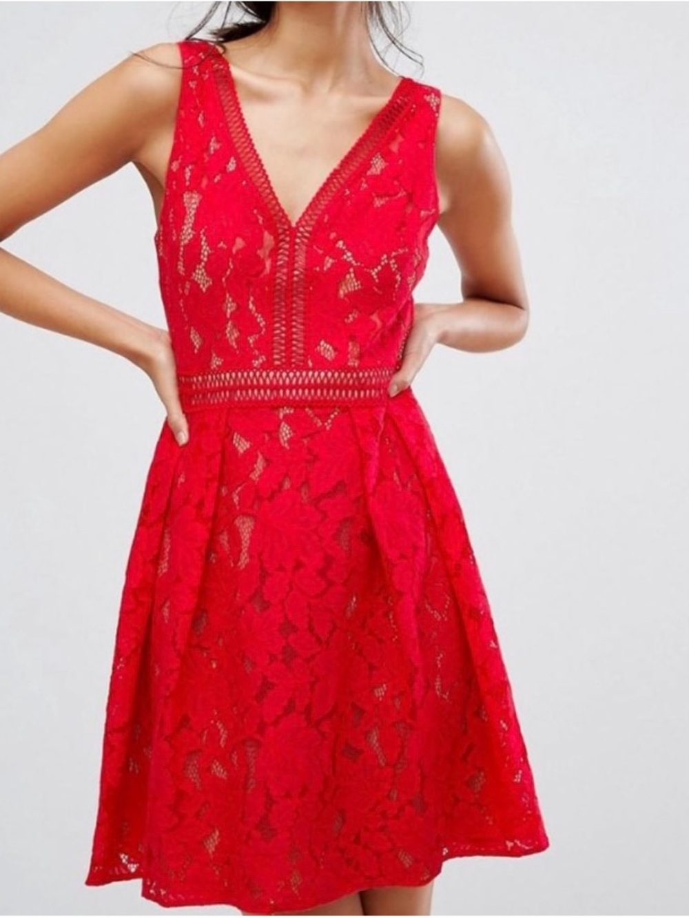 Oasis Red Lace V-Neck Sleeveless Mini Dress